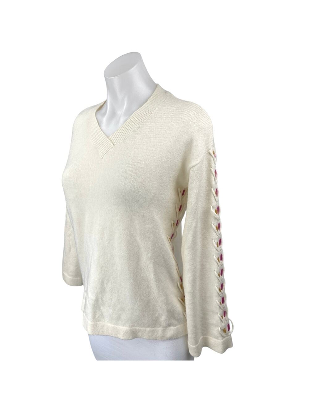 Charlie B Women's Cream White Knit Lace Up Long Sleeve V-Neck Sweater Top XS